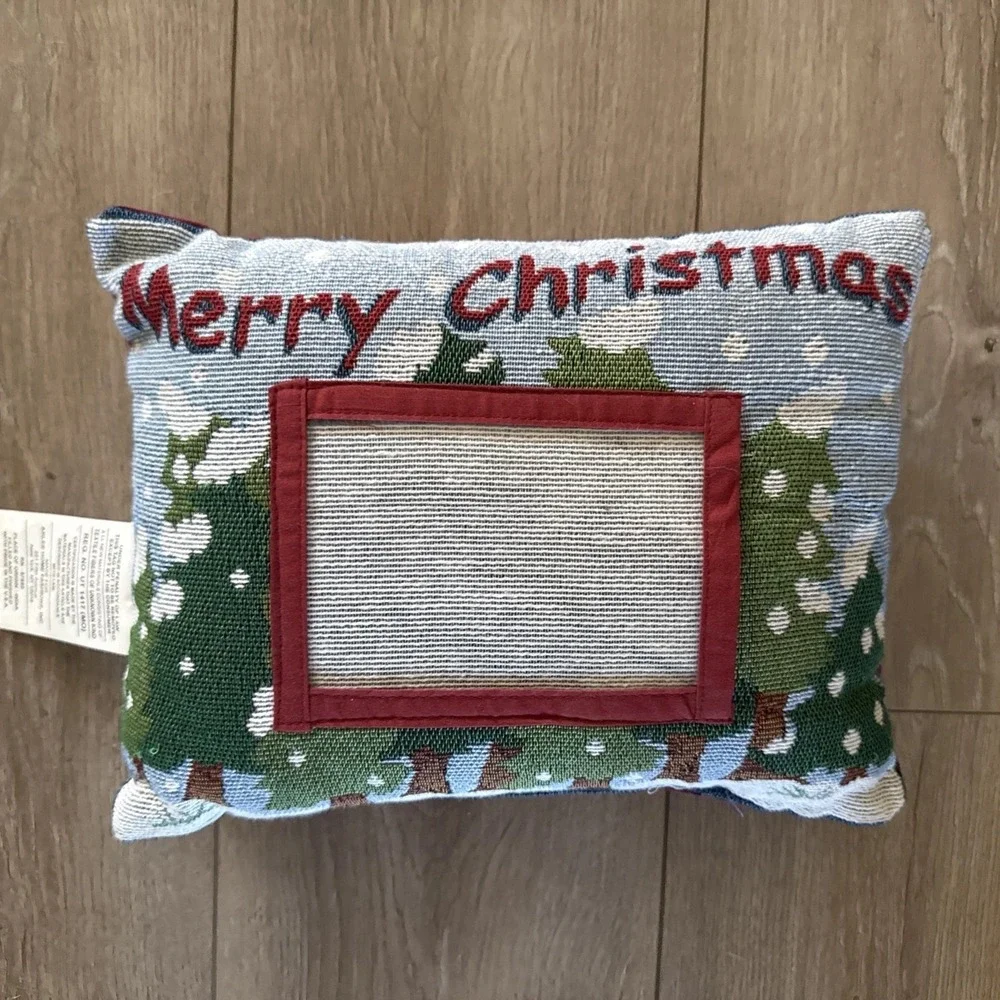 Christmas Tapestry Santa‎ Pillow Merry Christmas With Photo Slot Red Back